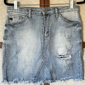 Kancan Distressed Light Wash Denim Mini Skirt - 27”